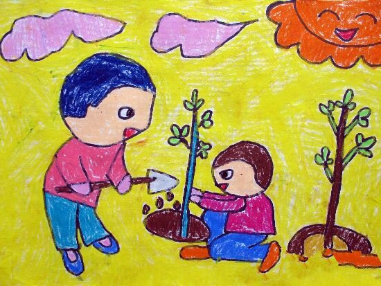 儿童画春天植树节-保护环境从我做起
