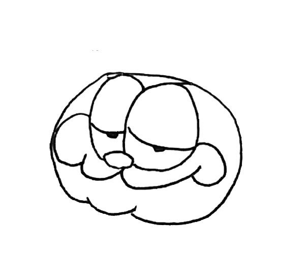 第四步：在外面，画上一个椭圆形作为加菲猫的脸，注意下面有个弧线的变化。