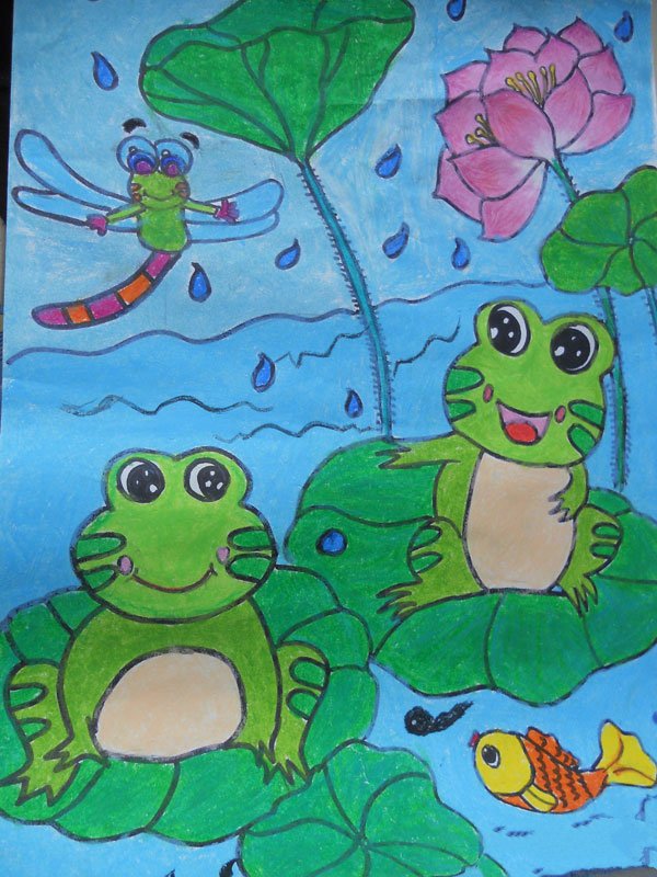 青蛙和荷花儿童水彩画