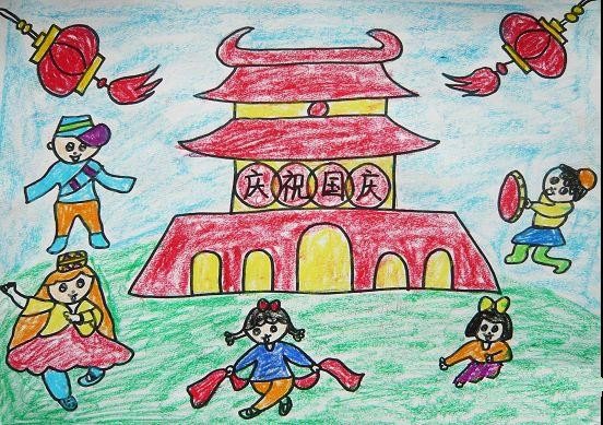 庆祝国庆节儿童画-天安门前载歌载舞