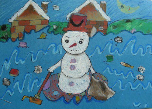 冬天的儿童画-雪人扫垃圾