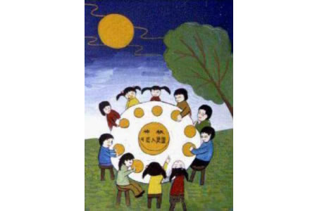 中秋节吃月饼儿童画-月下吃月饼