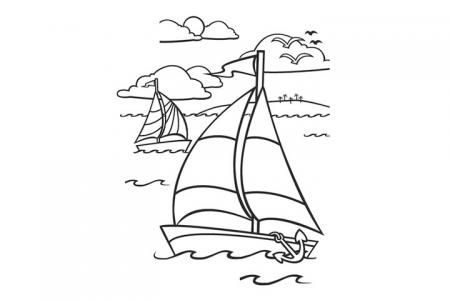 海上日出帆船风景填色图片