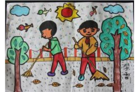 扫地的小男孩二年级学雷锋的绘画图片