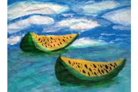 湖面上的西瓜船夏天水粉画图片欣赏