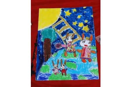 中秋节儿童画作品-兔子给月亮送月饼