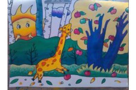 儿童画长颈鹿摘苹果