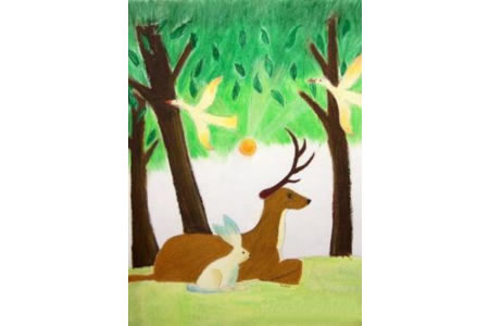 梅花鹿和小兔子动物画画图片欣赏