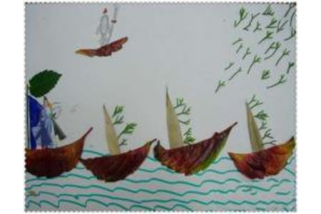 树叶贴画作品：划船