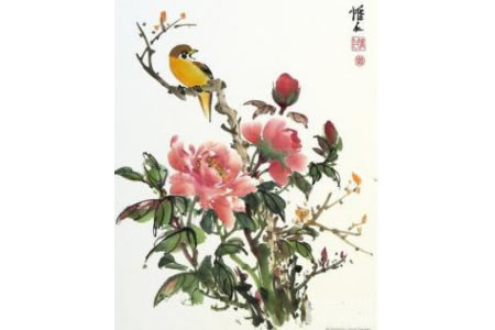 牡丹花和黄鹂鸟写意国画牡丹