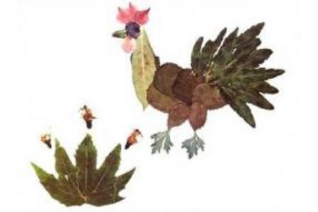 树叶贴画作品：家的大公鸡