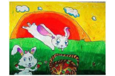 摘胡萝卜的小兔子一年级动物场景画作品分享