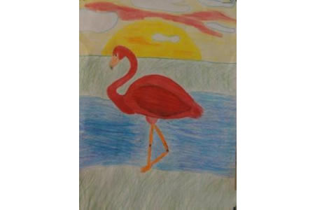 夕阳下的火烈鸟幼儿绘画小鸟作品分享