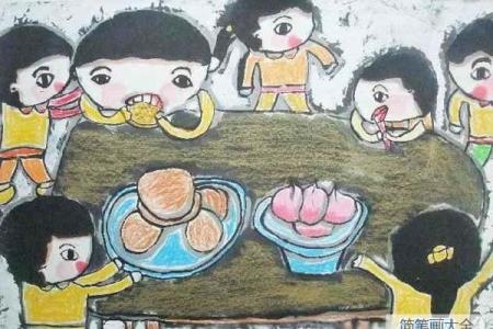 少儿中秋节儿童画水墨画作品：小朋友吃月饼