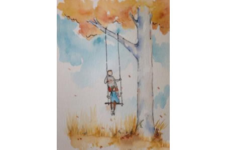 欢乐的荡秋千绘画 秋天落叶图画儿童画欣赏