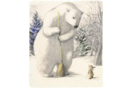 卡通冬天雪景画作品之扫地的北极熊