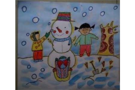 儿童画 和雪人玩耍