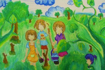 郊外种树忙劳动节小孩画的画作品分享