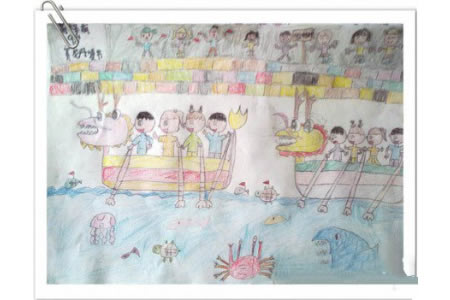儿童彩色铅笔画-端午节划龙舟