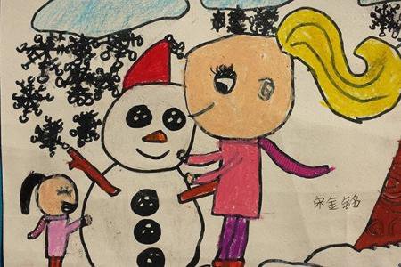 儿童水彩画作品-我和妈妈堆雪人