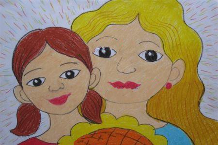 漂亮的妈妈和可爱的女儿小学生蜡笔画作品