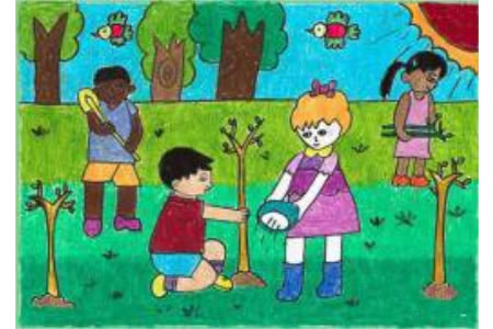 儿童画春天的图画-我们去植树
