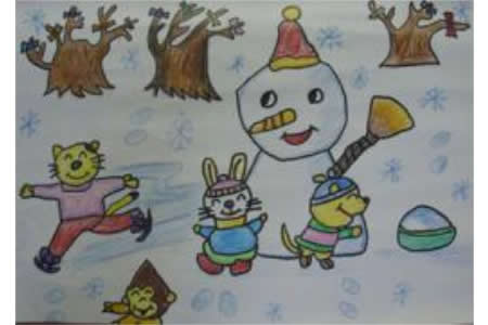 冬天美丽景色儿童画-小动物堆雪人