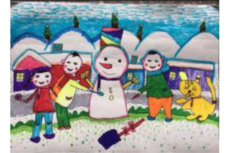 冬天为主题的儿童画-兴奋堆雪人