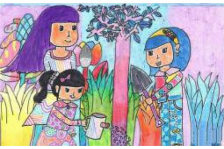 关于植树节的儿童画-合作种树