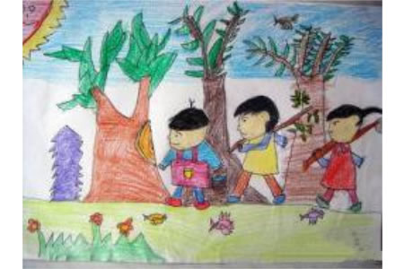 儿童彩色铅笔画图片-大伙儿来植树