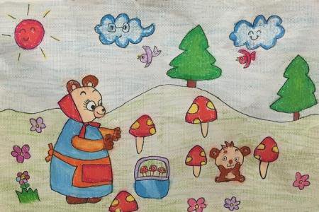 小熊妈妈采蘑菇四年级动物场景画作品欣赏