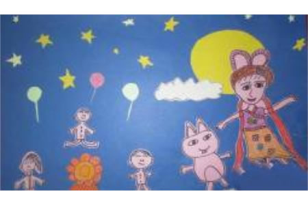 庆祝中秋佳节儿童画-嫦娥玉兔与我们共欢乐