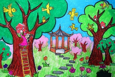 清明节踏青儿童画-为小鸟建造家园
