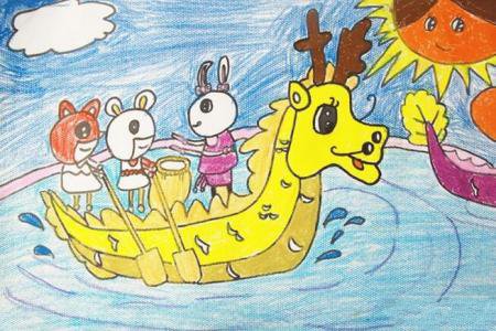 小动物划龙舟端午节创意儿童画作品欣赏