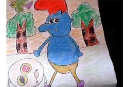 儿童油棒画作品 可爱的蓝精灵