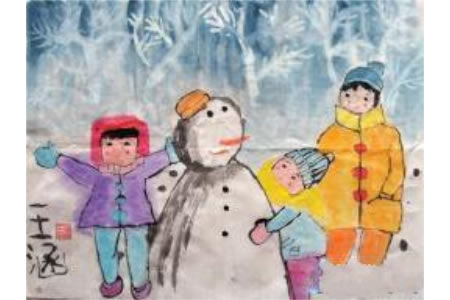 冬天的图画儿童画-和雪人一起来照相