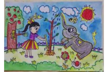 和大象一起种树植物节儿童画获奖作品