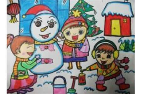 冬天的图画儿童画-我们一起堆雪人