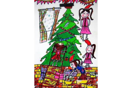 儿童画女孩们的圣诞树