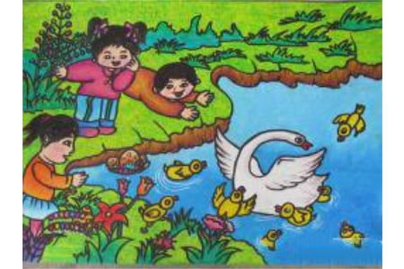 儿童画春天的大白鹅