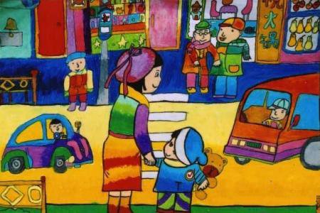 儿童蜡笔画作品欣赏-假期和妈妈去逛街