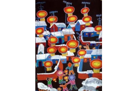 少儿元宵节儿童美术绘画作品欣赏：大红灯笼高高挂