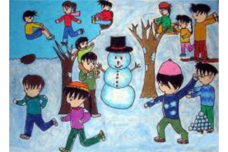 儿童画一起打雪仗