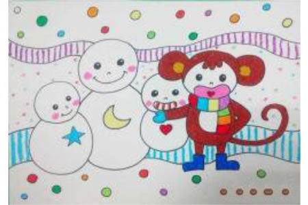 三年级小学生雪人儿童画画图片：猴子与雪人