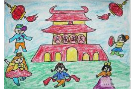 庆祝国庆节儿童画-天安门前载歌载舞