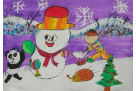 儿童画冬天的图片-忙着堆雪人