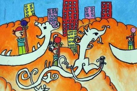 端午节创意儿童画图片：城市舞龙