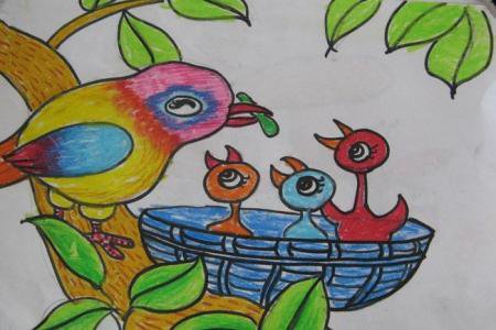 儿童蜡笔画作品图片-辛劳的鸟妈妈