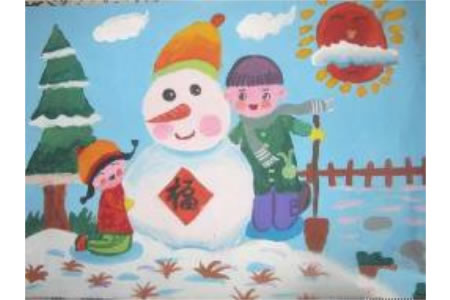 春节堆雪人儿童绘画作品