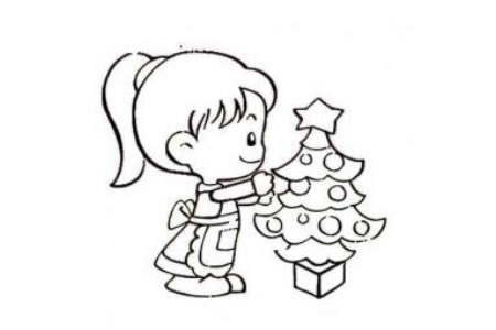 布置圣诞树的小女孩简笔画